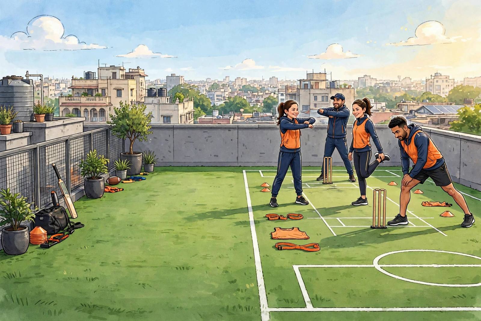 Caricature-style illustration of men and women warming up on a rooftop multi-sport turf
