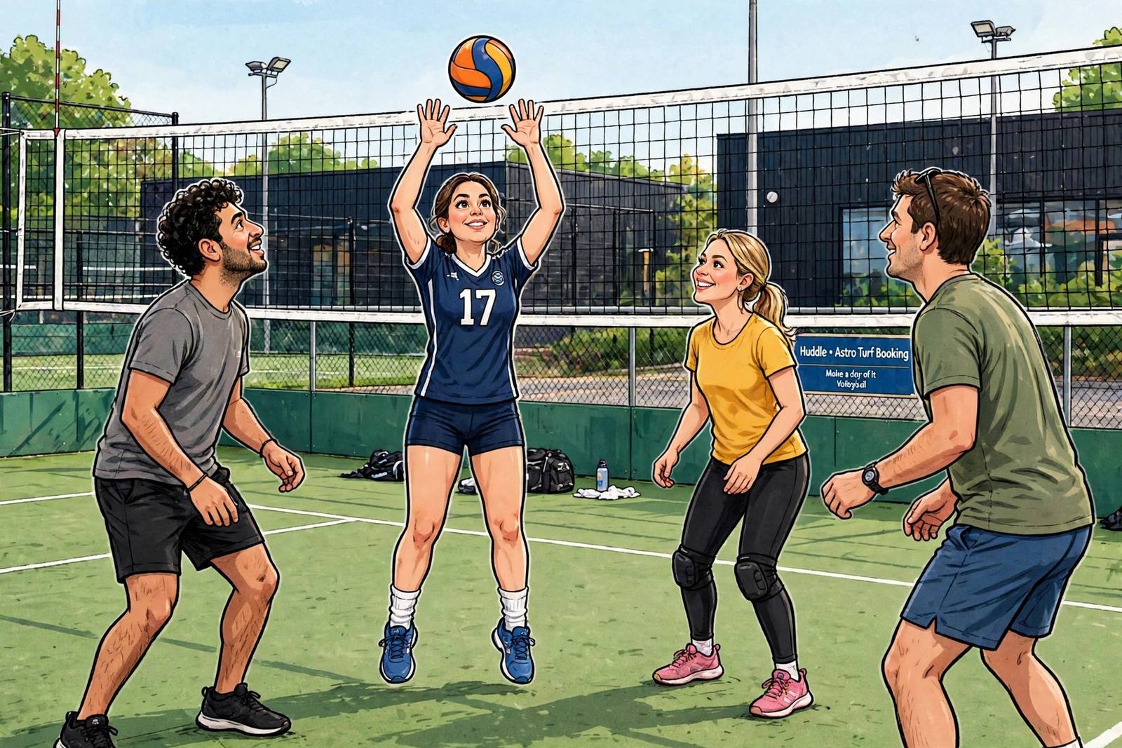 Caricature-style illustration of a mixed team of men and women playing volleyball on turf